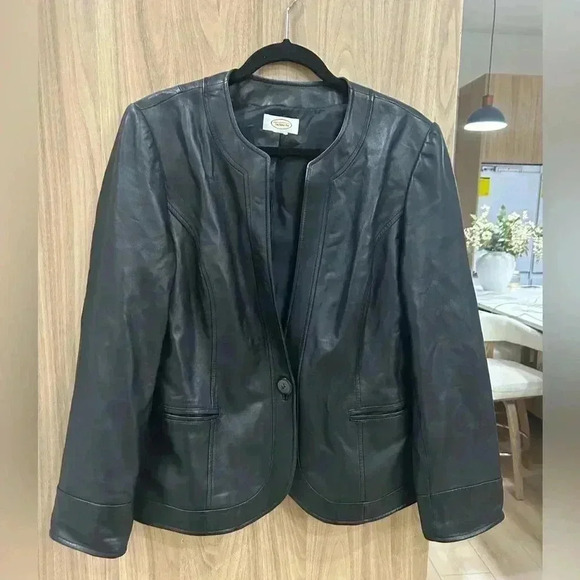 Talbots women's button 100% leather jacket blazer black butter soft Medium 10 - Picture 1 of 9